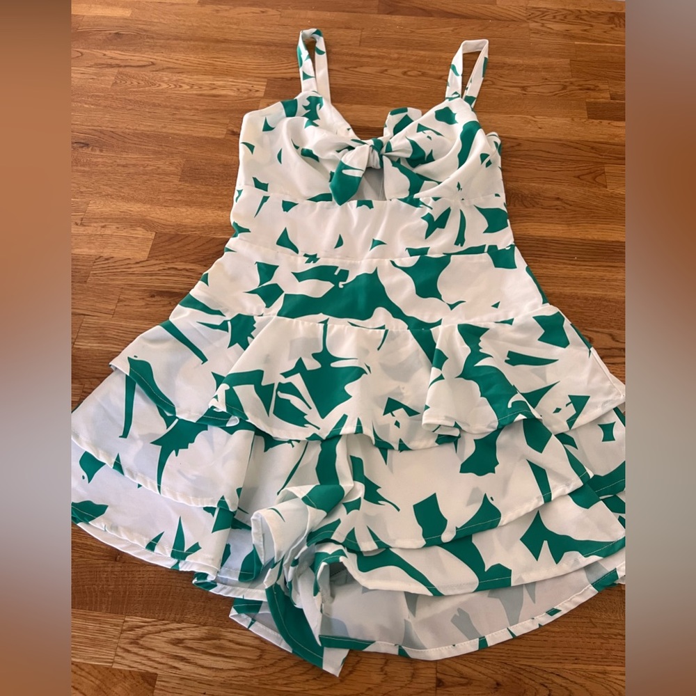 Adorable, teal and white tropical skort romper